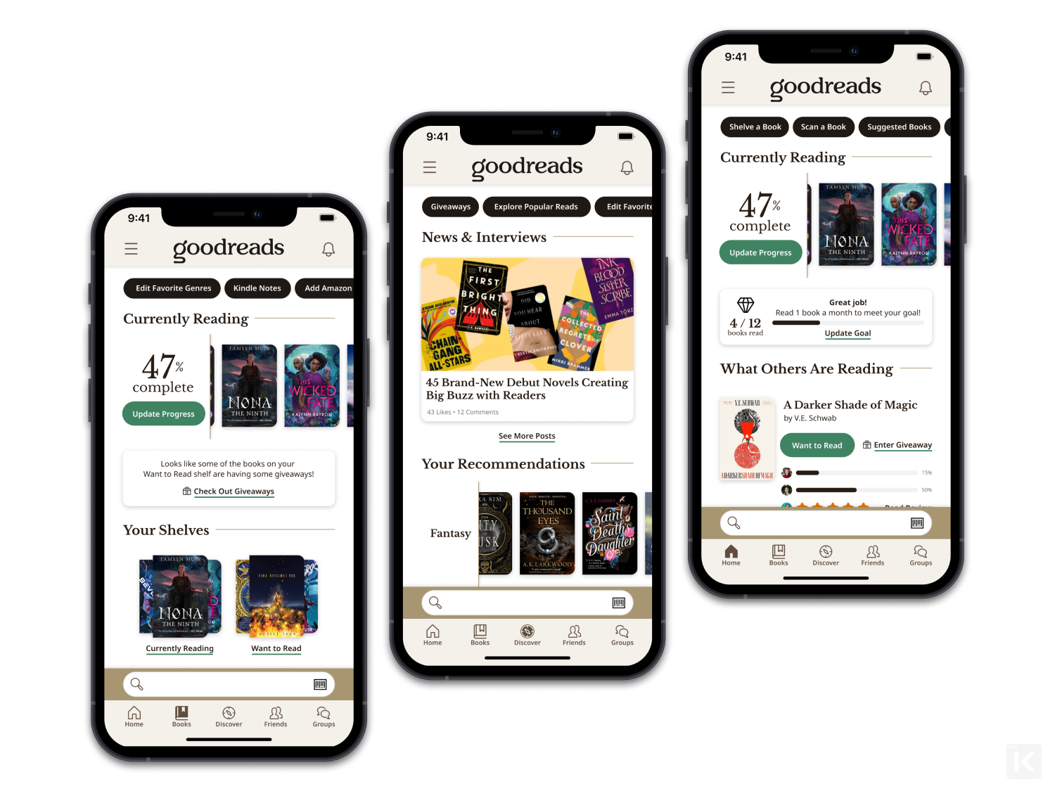 Goodreads Reimagining thumbnail with three app screens