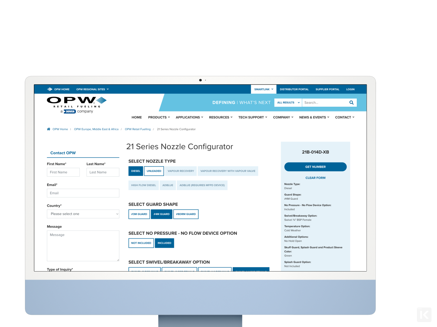 OPW Gas Nozzle Configurator thumbnail with tilted computer monitor