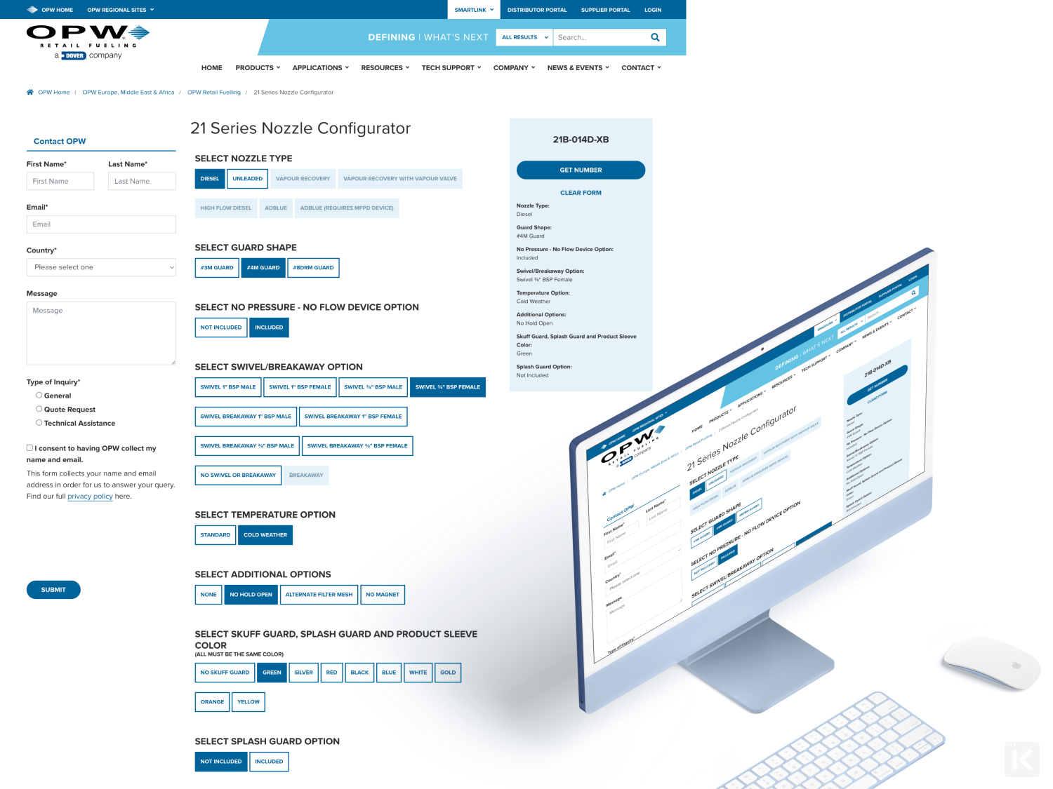 OPW EMEA Gas Nozzle Configurator thumbnail on a Max computer screen and scaled down with a larger screenshot of the configurator in the background